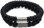 H-Beau - Duo – Cadeau - Set van 2 Handgemaakte Armbanden - Breedte: 8mm – Lengte: 19cm - Zwart - Mannen Armband - Natuurstenen - Natuurkralen - Onyx – Kokos – Hout - Kralen - RVS Kraal – Mat – Heren – Unisex - Geschenk