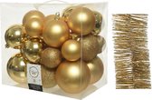 Kerstversiering kunststof kerstballen 6-8-10 cm met glitter folieslingers pakket goud van 28x stuks - Kerstboomversiering