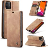 CaseMe Retro Wallet Slim iPhone 12 Mini hoesje lichtbruin - Flipcover - magnetische sluiting - 2 kaarthouders en een vak voor briefgeld