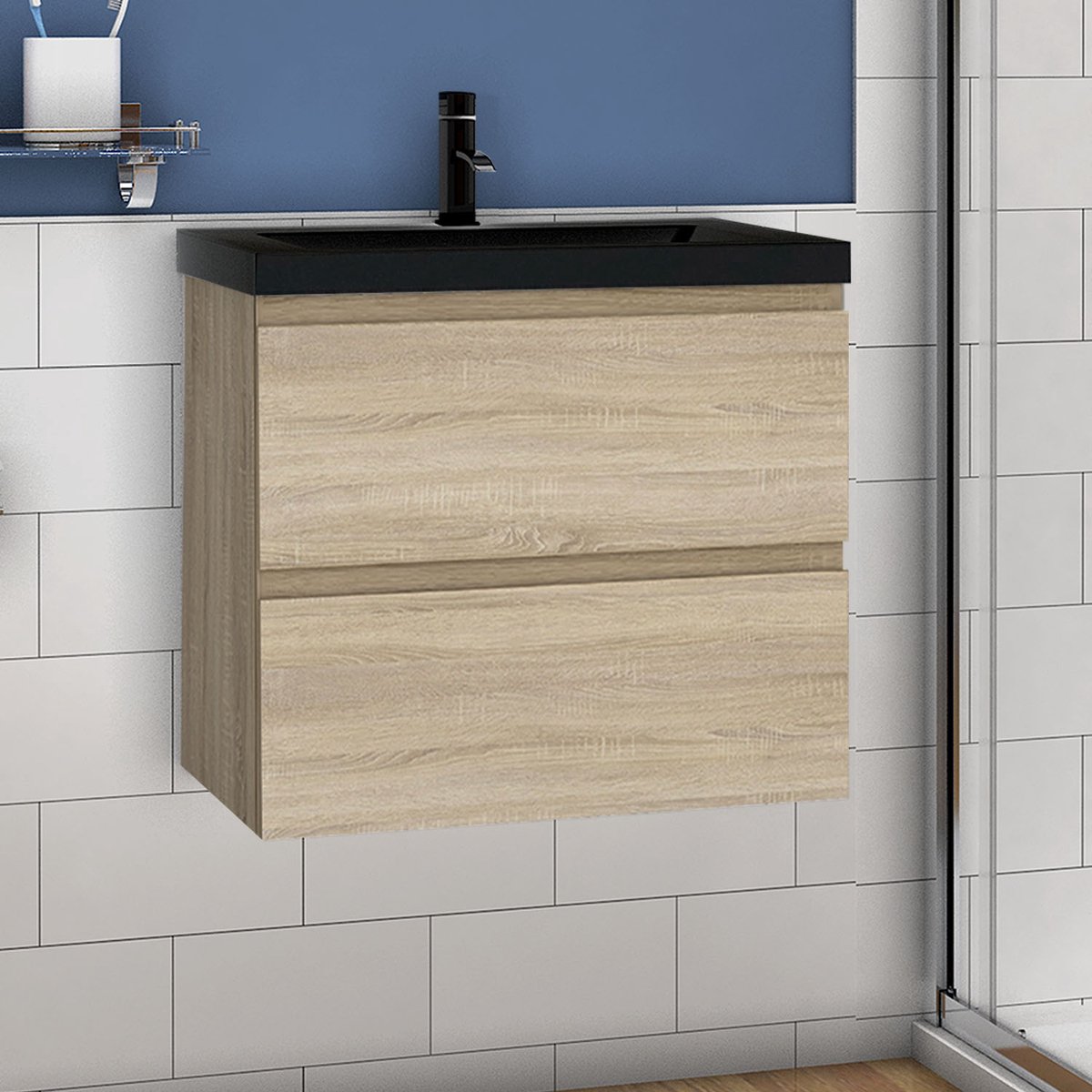 Wastafelonderbouw met onderkast 60 cm badkamermeubels met zwart wastafel, gastentoilet eiken mat
