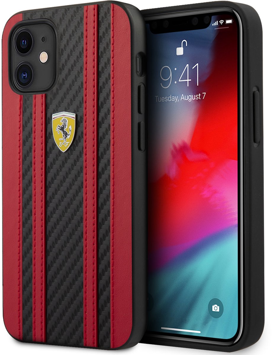 Rood hoesje Ferrari - Backcover - iPhone 12 Mini - Carbon Red Stripes
