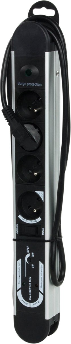 Exin stekkerdoos - 4-voudig - penaarde - master-slave protector - met schakelaar en overspanningsbeveiliging - 1.5 m - 3 x 1.5 mm² - aluminium