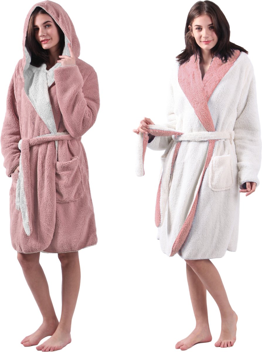 JEMIDI Sherpa omkeerbare badjas lamsvacht look voor dames en heren met capuchon kamerjas huisjas Roze Maat M