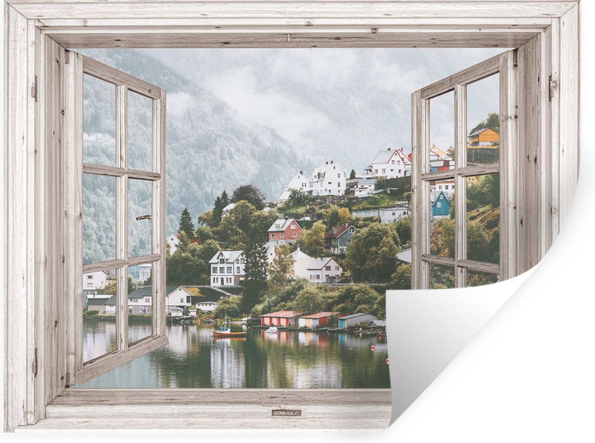 Muurstickers - Sticker Folie - Doorkijk - Noorwegen - Berg - 80x60 cm - Plakfolie - Muurstickers Kinderkamer - Zelfklevend Behang - Zelfklevend behangpapier - Stickerfolie