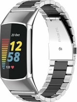 Stalen Smartwatch bandje - Geschikt voor Fitbit Charge 5 / Fitbit Charge 6 stalen band - zilver/zwart - Strap-it Horlogeband / Polsband / Armband