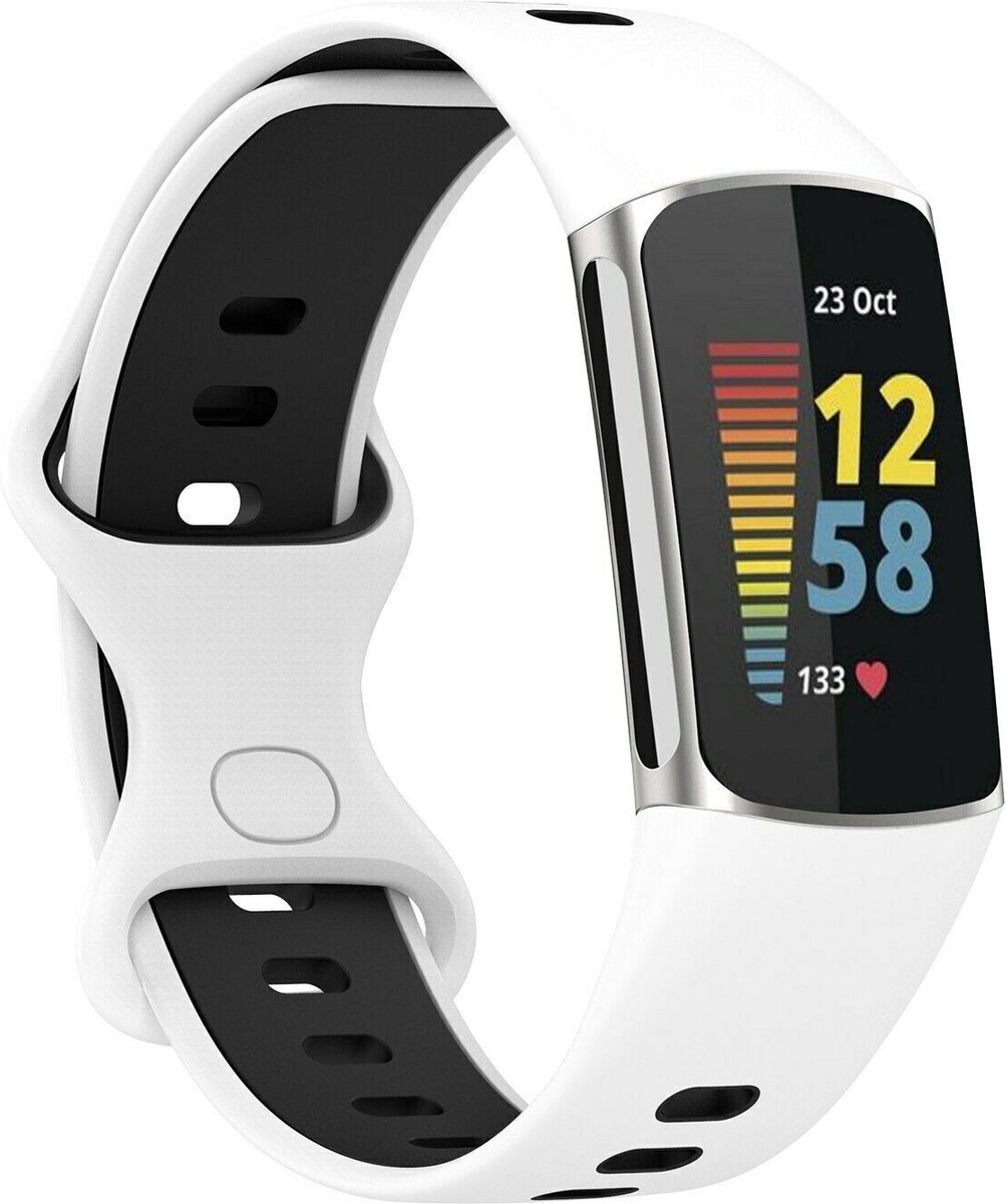 Siliconen Smartwatch bandje - Geschikt voor Fitbit Charge 5 / Fitbit Charge 6 sport band - wit/zwart - Strap-it Horlogeband / Polsband / Armband