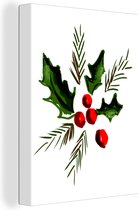 Canvas Schilderij Illustratie - Kerst - Hulst - 30x40 cm - Wanddecoratie