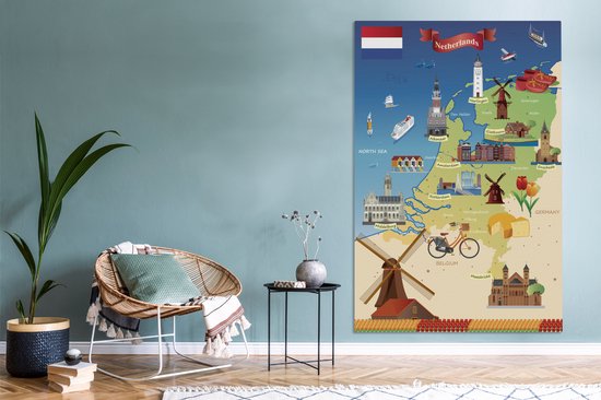 Carte des Nederland avec des vues 120x180 cm - Tirage photo sur Toile (Décoration murale salon / chambre) XXL / Groot format!