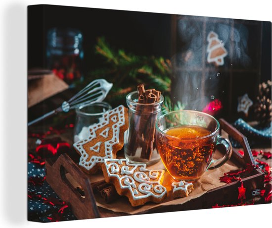 Canvas Schilderij Houten dienblad met thee en kerstkoekjes - 60x40 cm - Wanddecoratie