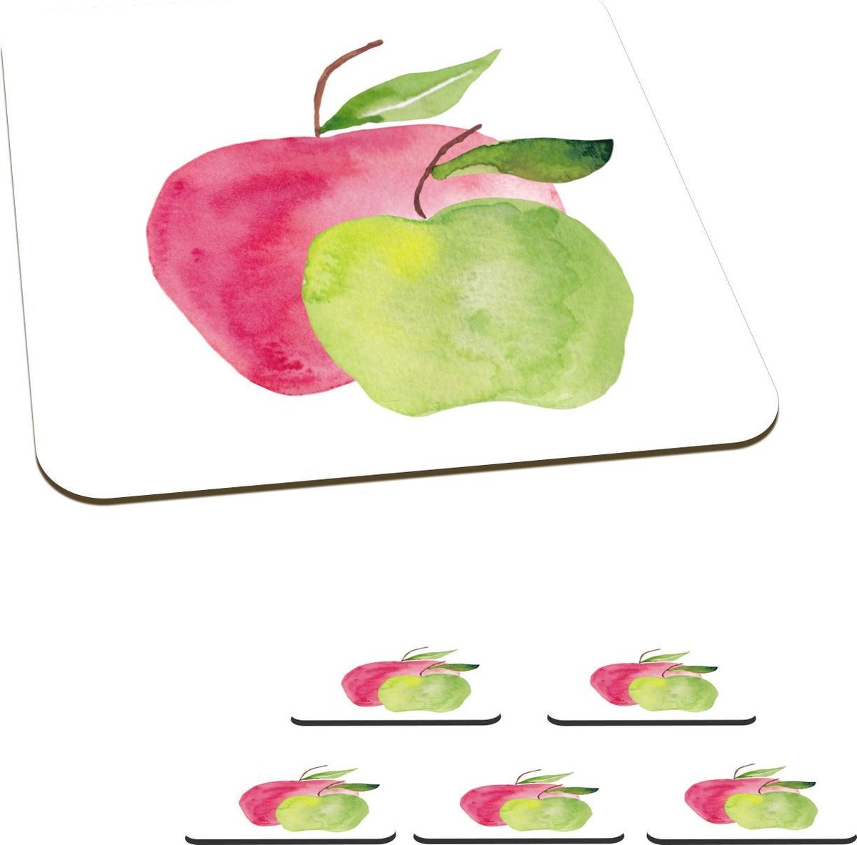 Onderzetters voor glazen - Appels - Aquarel - Wit - 10x10 cm - Glasonderzetters - 6 stuks