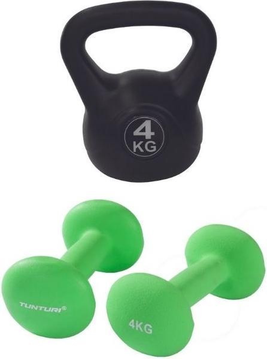 Tunturi - Fitness Set - Neopreen Dumbbellset 2 x 4 kg - Kettlebell 4 kg
