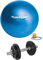 Tunturi - Fitness Set - Halterset 10 kg incl 1 Dumbellstang - Gymball Blauw 55 cm