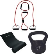 Tunturi - Fitness Set - Kettlebell 4 kg - Fitnessmat 160 x 60 x 0,7 cm - Tubing Set Rood