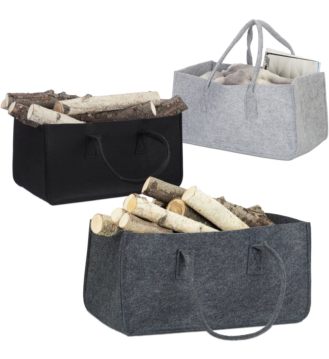 3x houtmand van vilt - haardhout tas - draagtas - vilttas - flexibel opbergmand