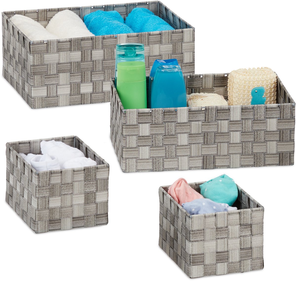 mandjes badkamer - set van 4 - gevlochten - 3 groottes - voor speelgoed - grijs