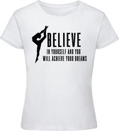 Sparkle&Dream - T-Shirt \'Believe and Achieve\' Wit - 116 -  voor turnen en gymnastiek