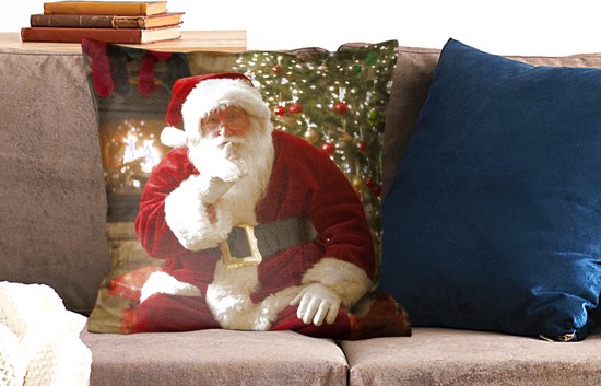 Sierkussen de Noël pour l'intérieur - Père Noël avec un arbre de Noël coloré en arrière-plan - 60x60 cm - Coussin intérieur carré en coton