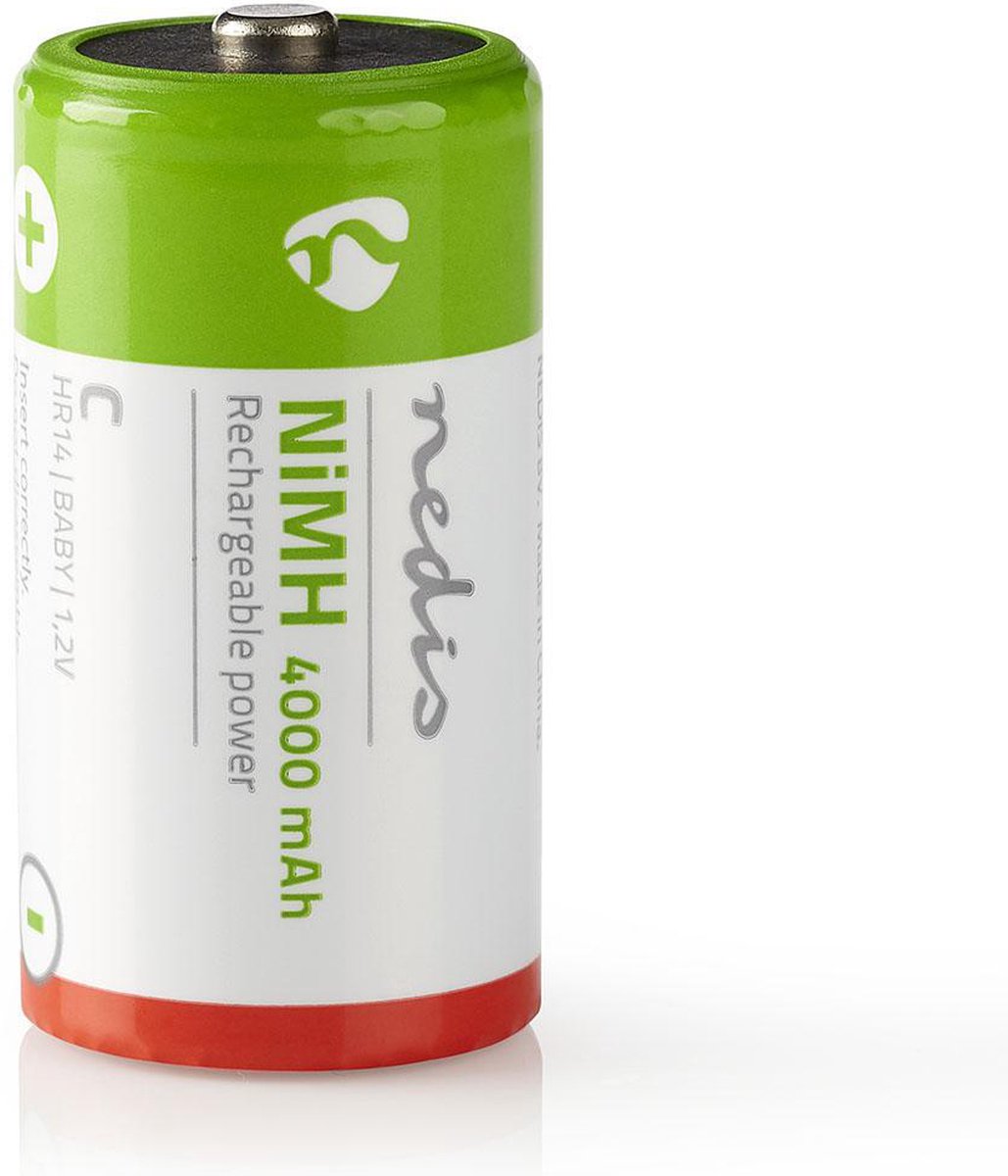Nedis Oplaadbare NiMH-Batterij C - 1.2 V DC - 4000 mAh - Voorgeladen - 2-Blister - HR14 - Groen / Rood