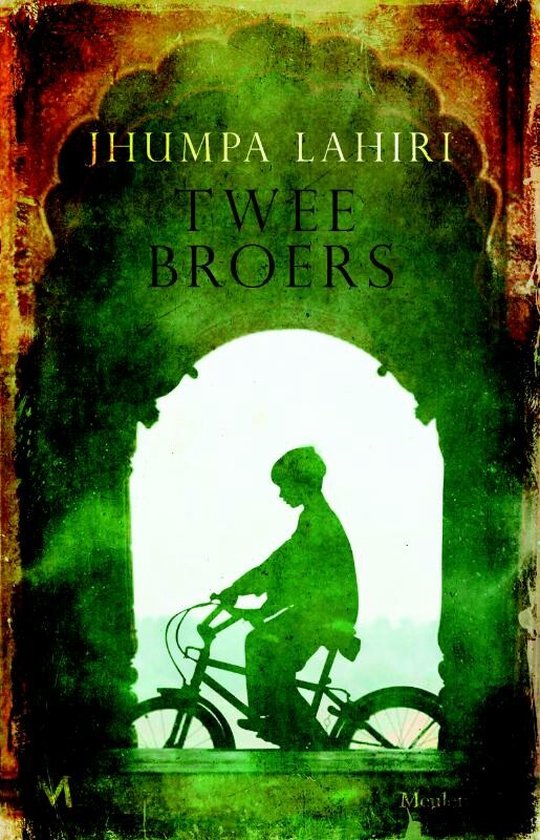Boekcover met de titel 'Twee broers'. Een jongen op een fiets is silhouet tegen een lichte achtergrond, ingelijst door een groene boog.