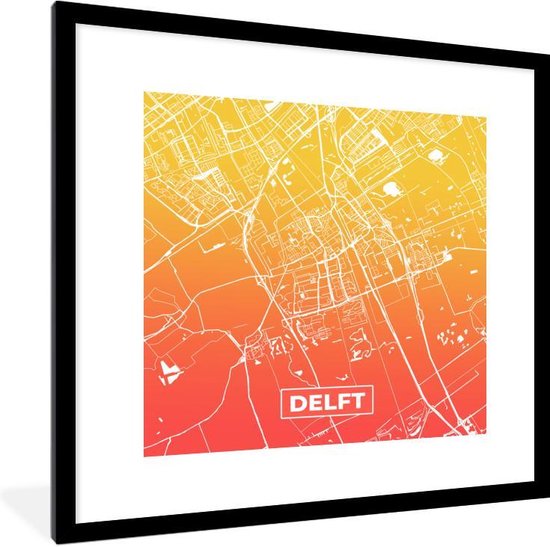 Fotolijst incl. Poster - Stadskaart - Delft - Rood - Geel - 40x40 cm -  Posterlijst | bol.com