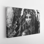Canvas schilderij - Attractive young woman in chieftain. Black and white portrait. Indian style -     419545819 - 50*40 Horizontal