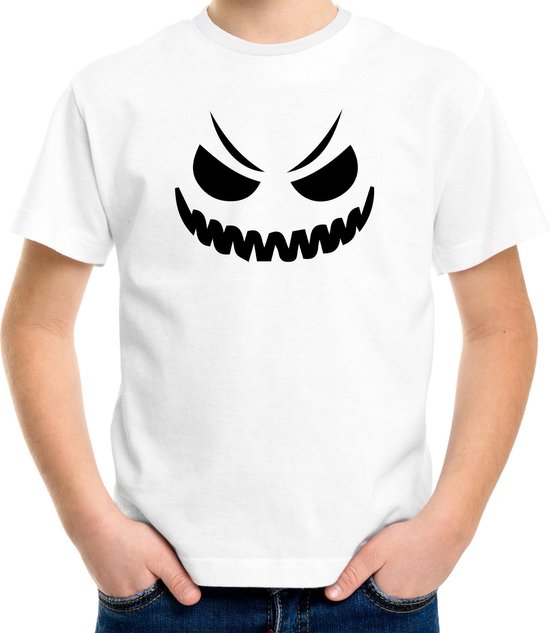 Halloween Spook gezicht halloween verkleed t-shirt wit voor kinderen - horror shirt / kleding / kostuum 146/152