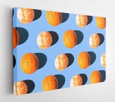Canvas schilderij - Fruit pattern mandarins isolated on blue or mint background, top view  -     1569425299 - 50*40 Horizontal