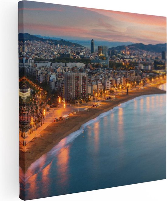 Artaza Canvas Schilderij Barcelona Strand met Stad bij Zonsondergang - 80x80 - Groot - Foto Op Canvas - Canvas Print