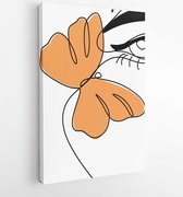 Canvas schilderij - Female line drawing halph face with butterfly in hair. Orange and white vector line art woman .  -    1704553150 - 50*40 Vertical