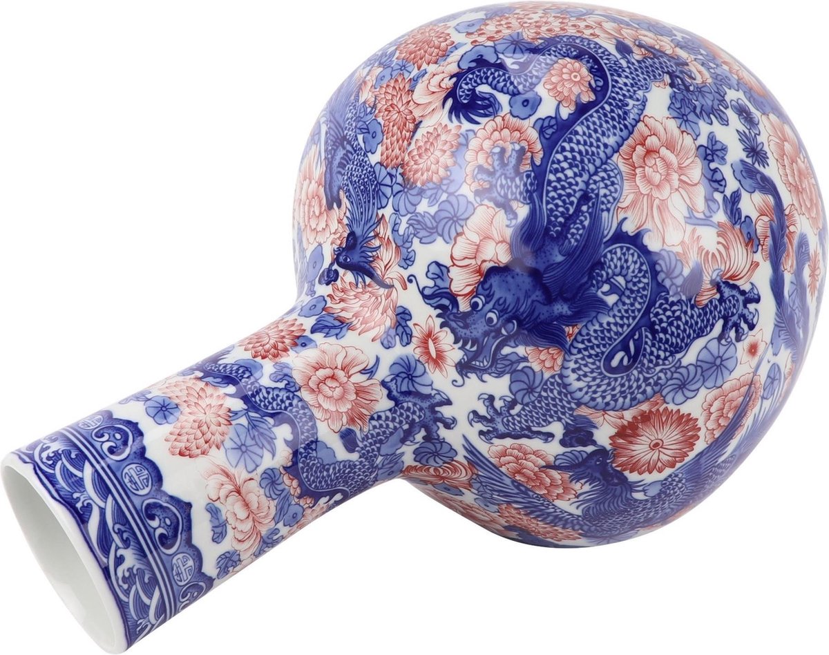 Fine Asianliving Chinese Vaas Blauw Wit Rood Draak Porselein D20xH40cm Rood, Blauw, Wit