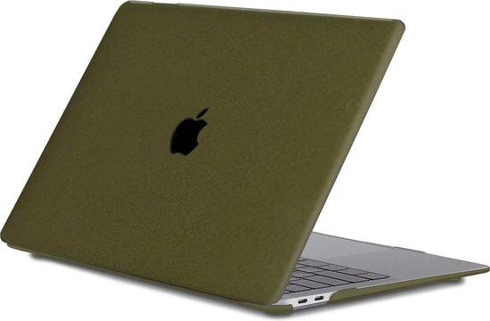 Coque MacBook Air vert olive texturée avec logo Apple visible.