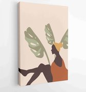 Canvas schilderij - Woman portrait post with monstera leaf wall art vector set. boho earth tone line art drawing with abstract shape. 3 -    – 1870239397 - 115*75 Vertical