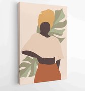 Canvas schilderij - Woman portrait post with monstera leaf wall art vector set. boho earth tone line art drawing with abstract shape. 1 -    – 1870239397 - 40-30 Vertical