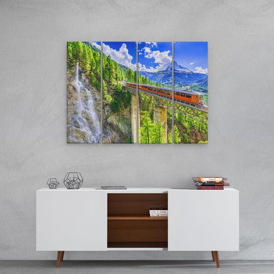 Artaza - Toile Peinture Quadriptyque - Train sur un Pont à une Cascade en Suisse - 80x60 - Photo sur Toile - Impression sur Toile