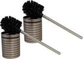 2x stuks WC/Toiletborstels met houder kunststof zilver met zwarte ragebol - metal-look - 37 cm