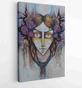Canvas schilderij - Witch. Flowered girl with crazy eyes. Illustration. Painting.  Productnummer 505798771 - 50*40 Vertical