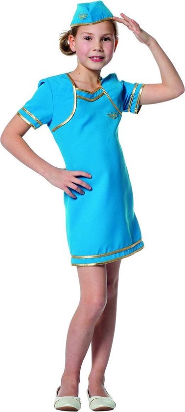 Wilbers & Wilbers - Stewardess Kostuum - Blauw Als De Lucht Stewardess - Meisje - Blauw - Maat 104 - Carnavalskleding - Verkleedkleding