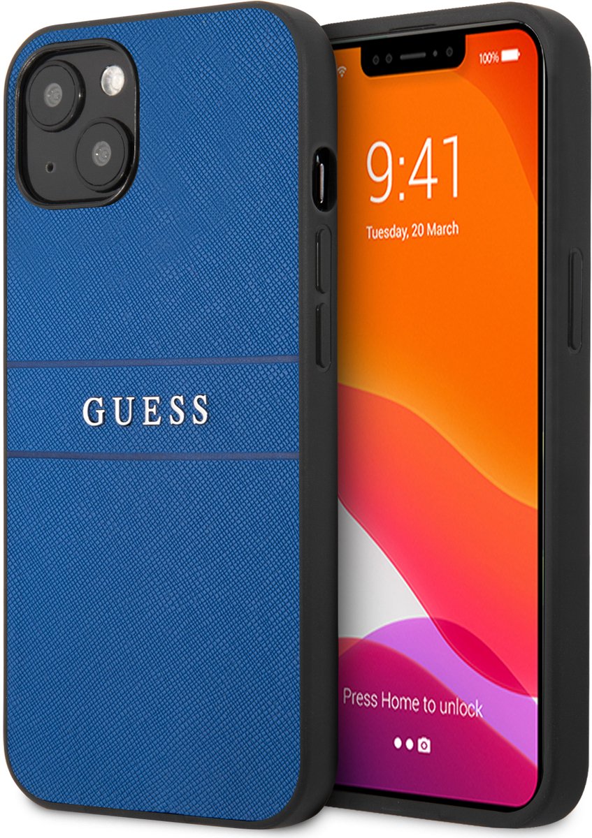 Guess Saffiano PU leren Backcase Geschikt Voor iPhone 13 hoesje Blauw