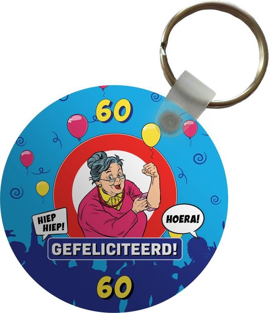 Sleutelhanger - Verjaardag - Vrouw - 60 Jaar - Jubileum - Plastic - Rond - Uitdeelcadeautjes