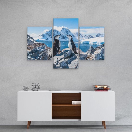 Artaza Toile Peinture Triptyque Deux Pingouins sur des Pierres en Antarctique - 90x60 - Photo sur Toile - Impression sur Toile