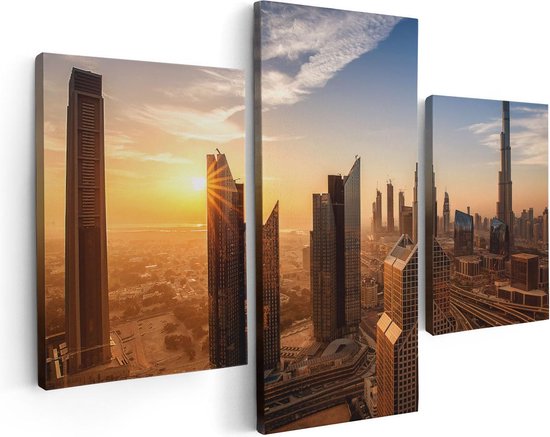 Artaza Canvas Schilderij Drieluik Dubai Stad bij Zonsopgang - 90x60 - Foto Op Canvas - Canvas Print