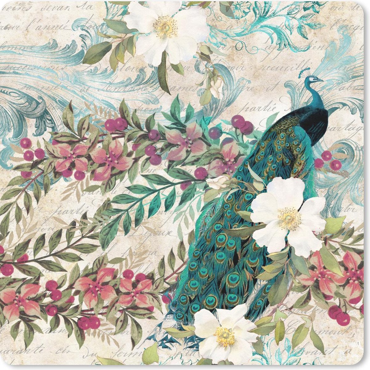 Muismat 20x20 cm - Mousepad Bloemen - Kunst - Pauw - Muismatten