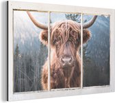 Wanddecoratie Metaal - Aluminium Schilderij Industrieel - Hooglander - Berg - Doorkijk - 180x120 cm - Dibond - Foto op aluminium - Industriële muurdecoratie - Voor de woonkamer/slaapkamer