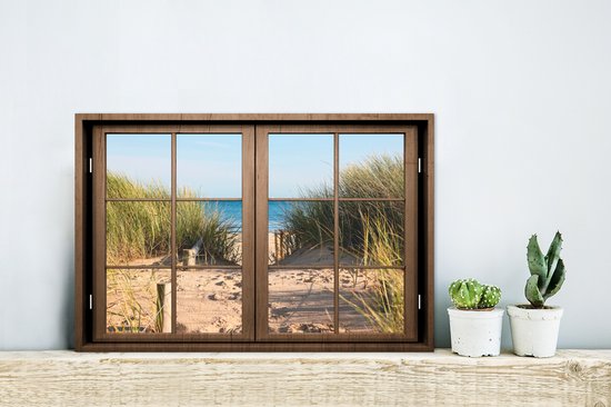 Wanddecoratie Metaal - Aluminium Schilderij Industrieel - Doorkijk - Strand - Gras - 30x20 cm - Dibond - Foto op aluminium - Industriële muurdecoratie - Voor de woonkamer/slaapkamer