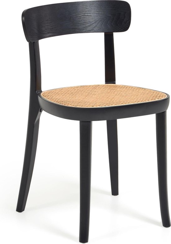 Kave Home - Romane stoel in massief beukenhout met zwarte afwerking, essenfineer en rotan