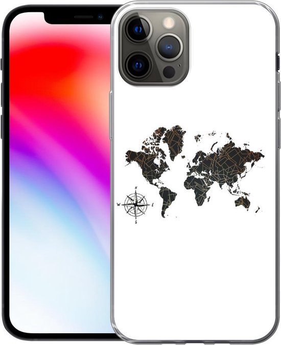 Coque iPhone 13 Pro - Wereldkaart - Or - Zwart - Rose des Vents - Siliconen