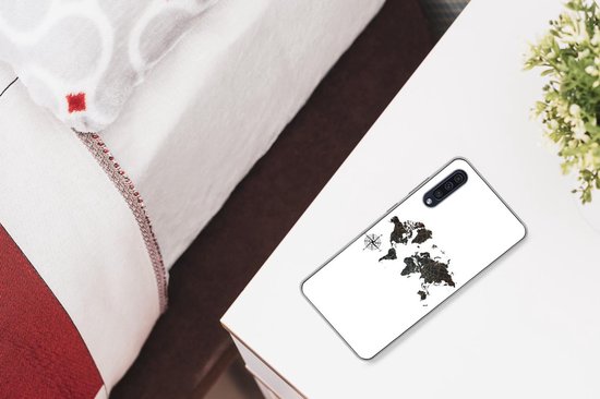 Telefoonhoesje Geschikt voor Samsung Galaxy A50 hoesje - Wereldkaart - Goud - Zwart - Windroos - Siliconen Telefoonhoesje Telefoonhoesje
