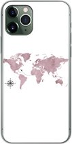 Geschikt voor iPhone 11 Pro hoesje - Wereldkaart - Roze - Vliegtuig - Siliconen Telefoonhoesje