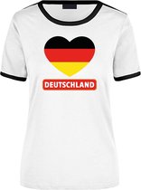 Deutschland wit/zwart ringer t-shirt Duitsland vlag in hart - dames - landen shirt - Duitse supporter / fan kleding L