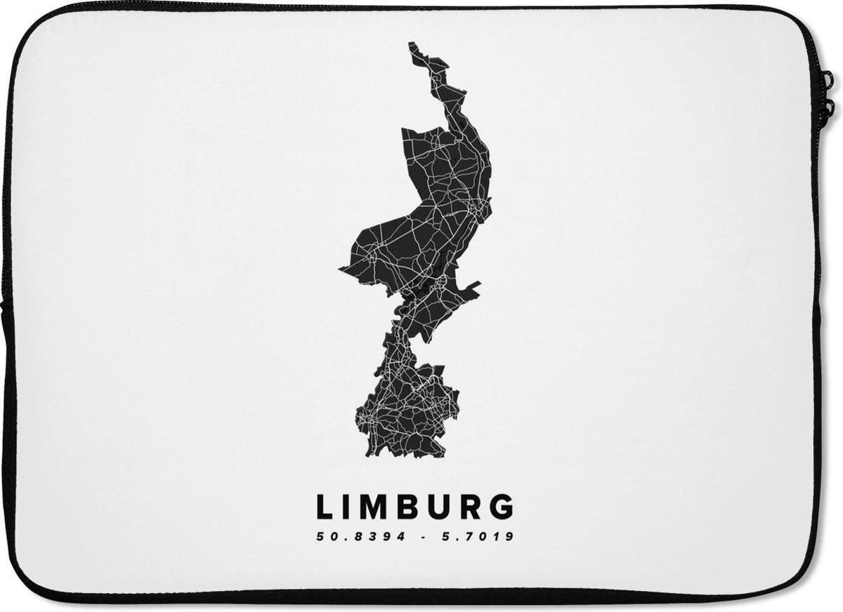 Laptophoes 14 inch - Limburg - Wegenkaart Nederland - Wit - Laptop sleeve - Binnenmaat 33x23 cm - Zwarte achterkant